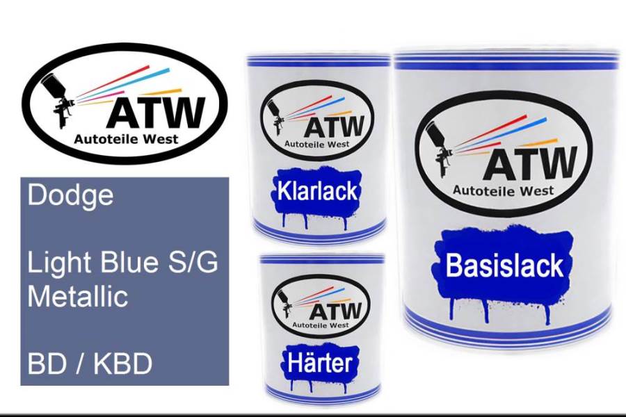 Dodge, Light Blue S/G Metallic, BD / KBD: 1L Lackdose + 1L Klarlack + 500ml Härter - Set, von ATW Autoteile West.